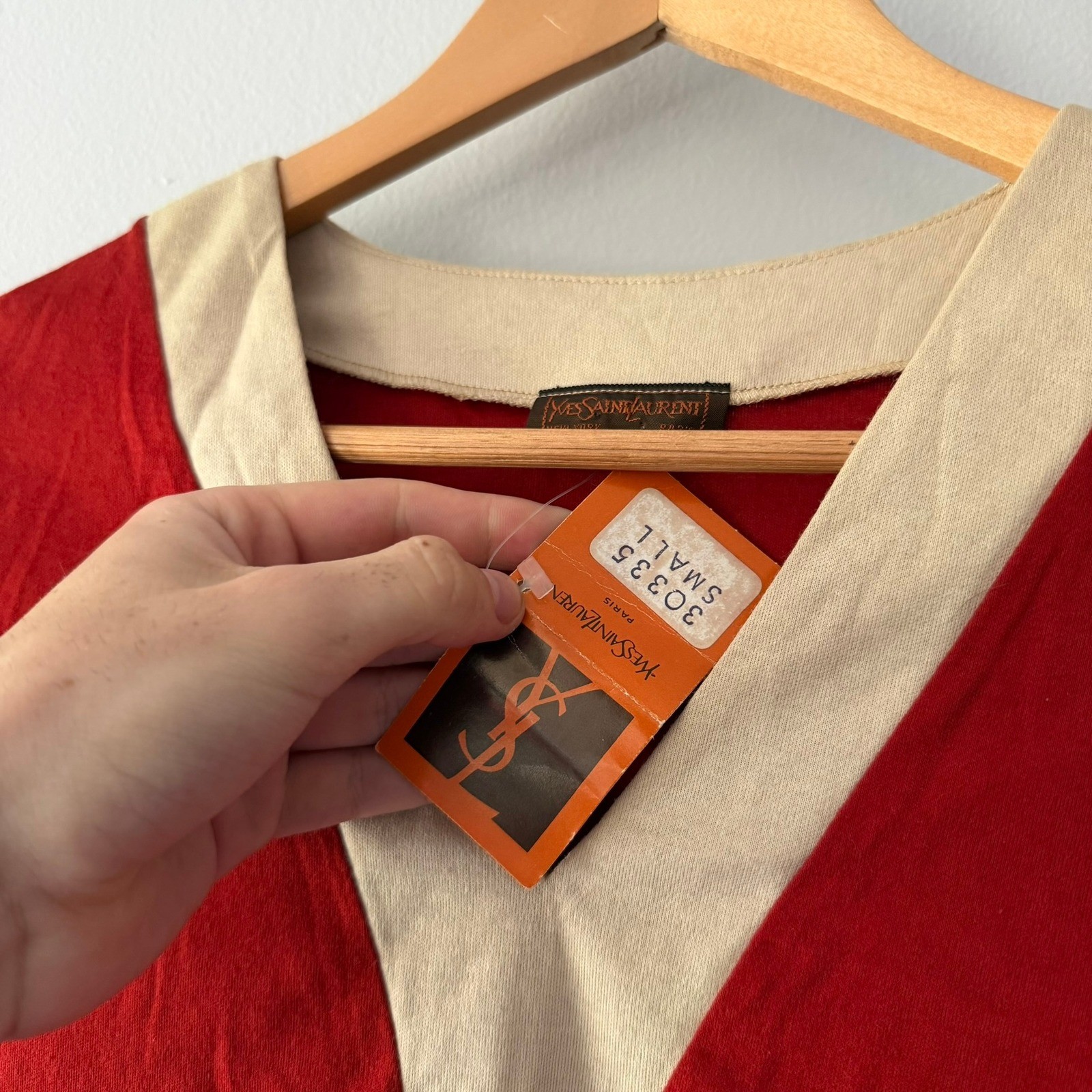 Vintage 1970s Yves Saint Laurent YSL Red V-Neck Long Sleeve Top NWT Small