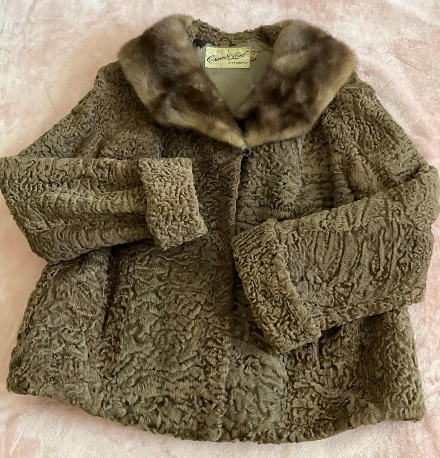 Vintage Fur Astrakhan Persian Lamb Mink Collar Short Coat Jacket Brown Sz L