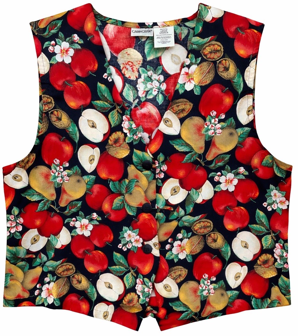 Vintage 80s Fruit Apple Floral Vest Sz L Cotton Teacher Cottagecore Granny
