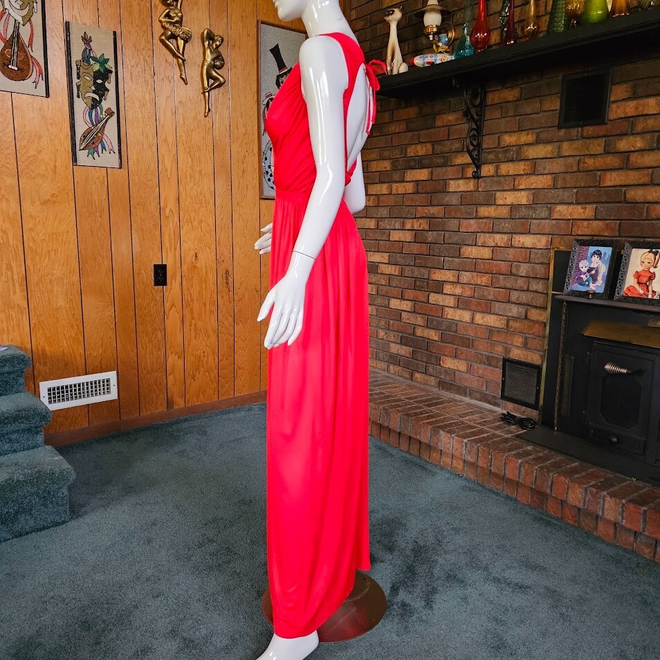 Vintage 70s Disco Cut Out Backless Red Draped Jersey Maxi Bra Dress Gown XS/S