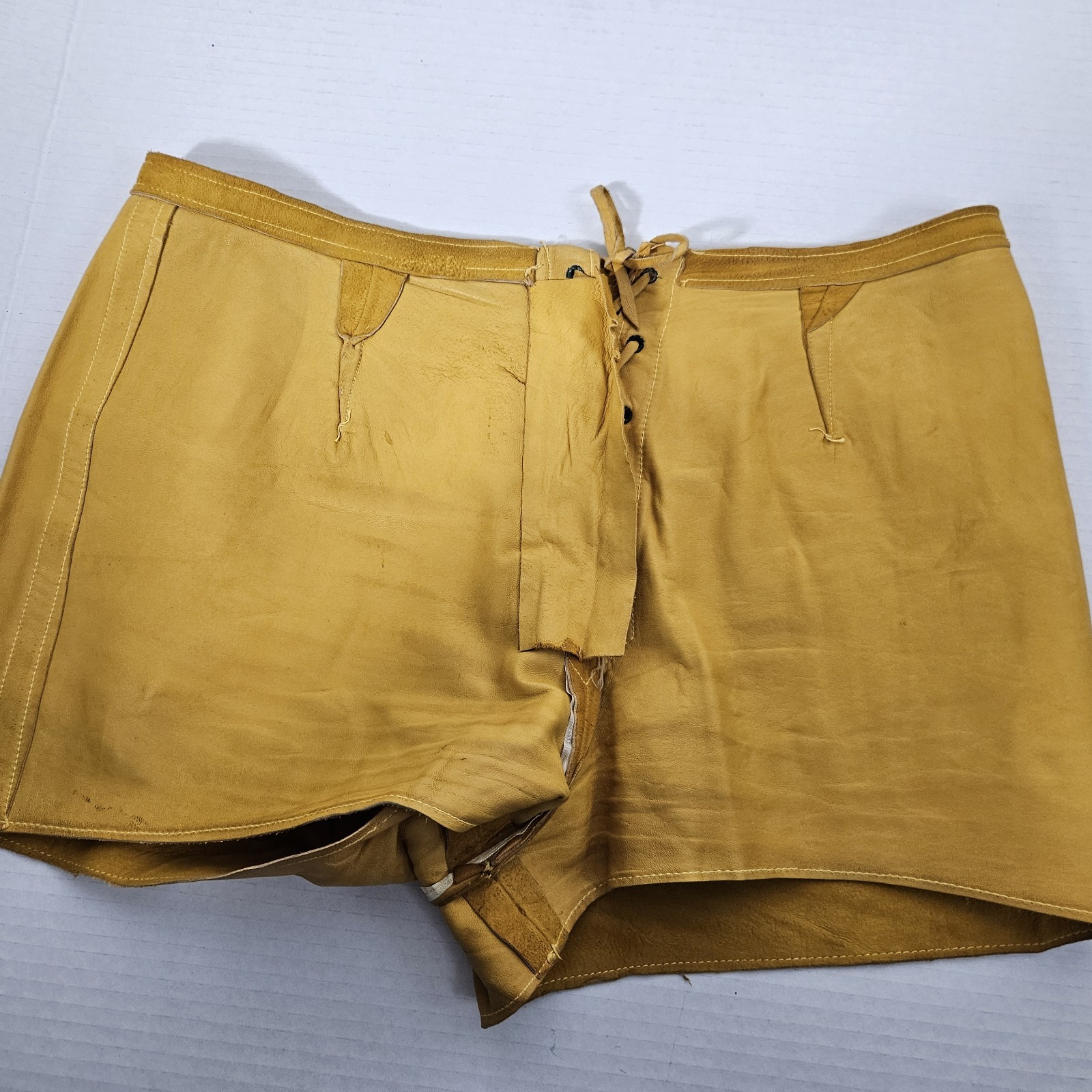 Vintage 60s 70s Suede Lace Up Mustard Yellow Women’s Booty Short Shorts Boho Y2K