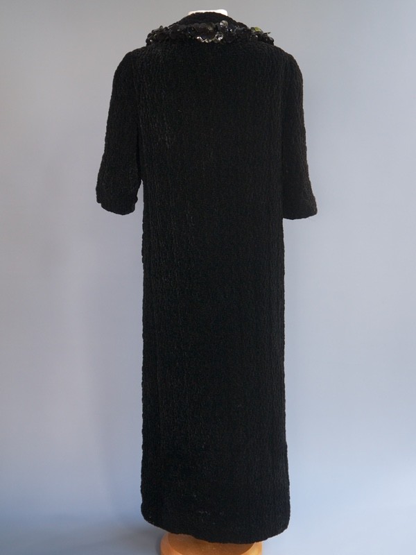 VTG 50s Black Silk Rayon Velvet 2p Set Dress Hand Quilted Pucker Opera Coat S
