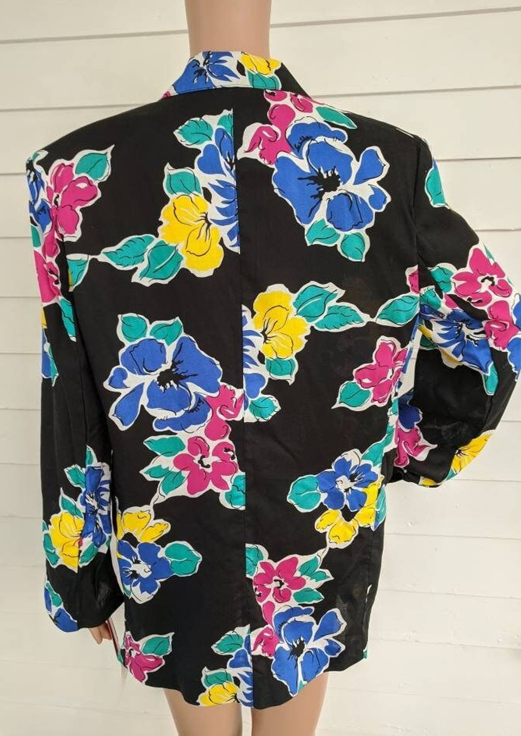 80s Black Floral Jacket Top Bright Print 8 New