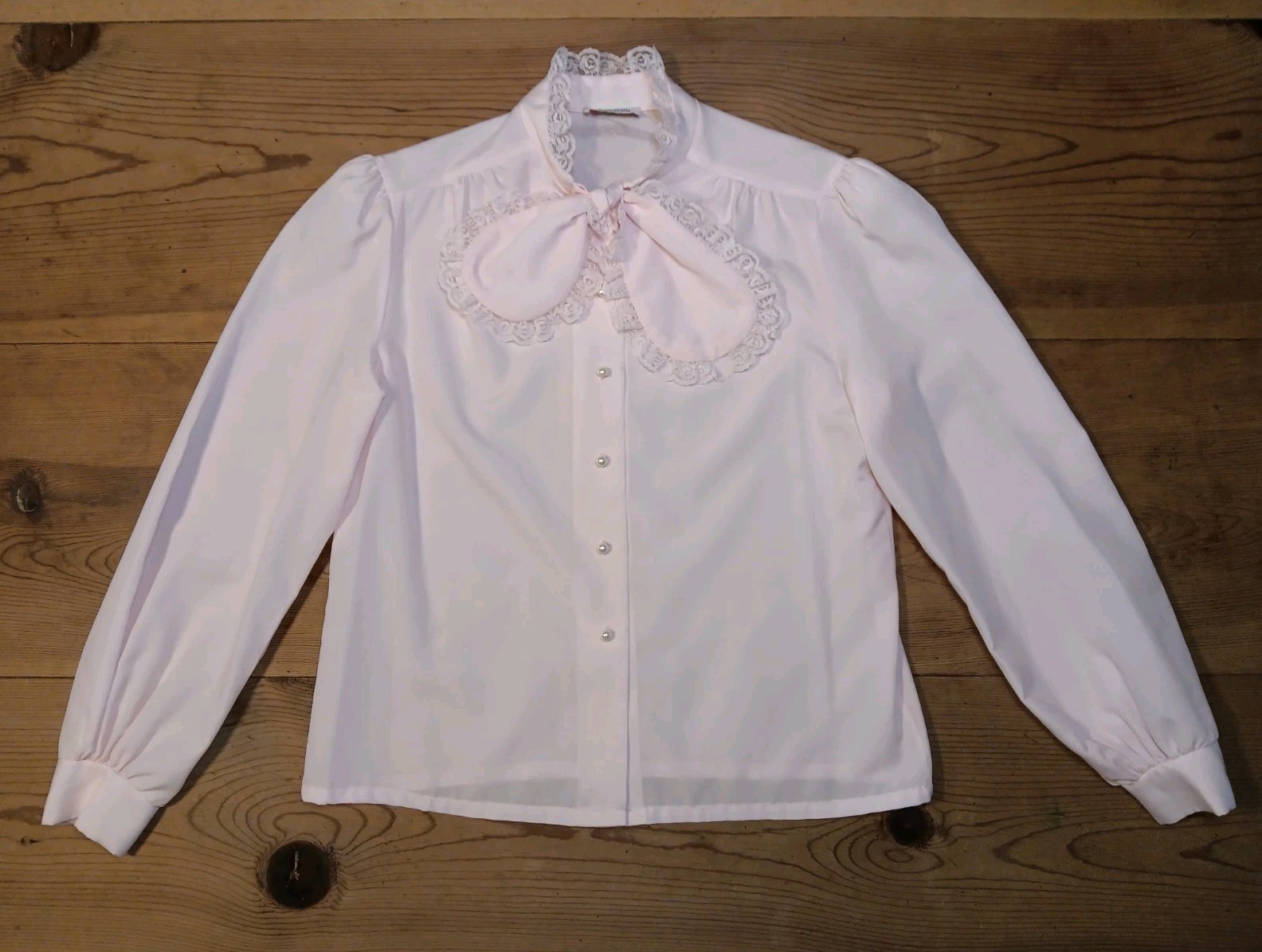 Vtg Rhapsody Secretary Blouse Women L Pink Bow Long Sleeve Lace USA Union FLAW