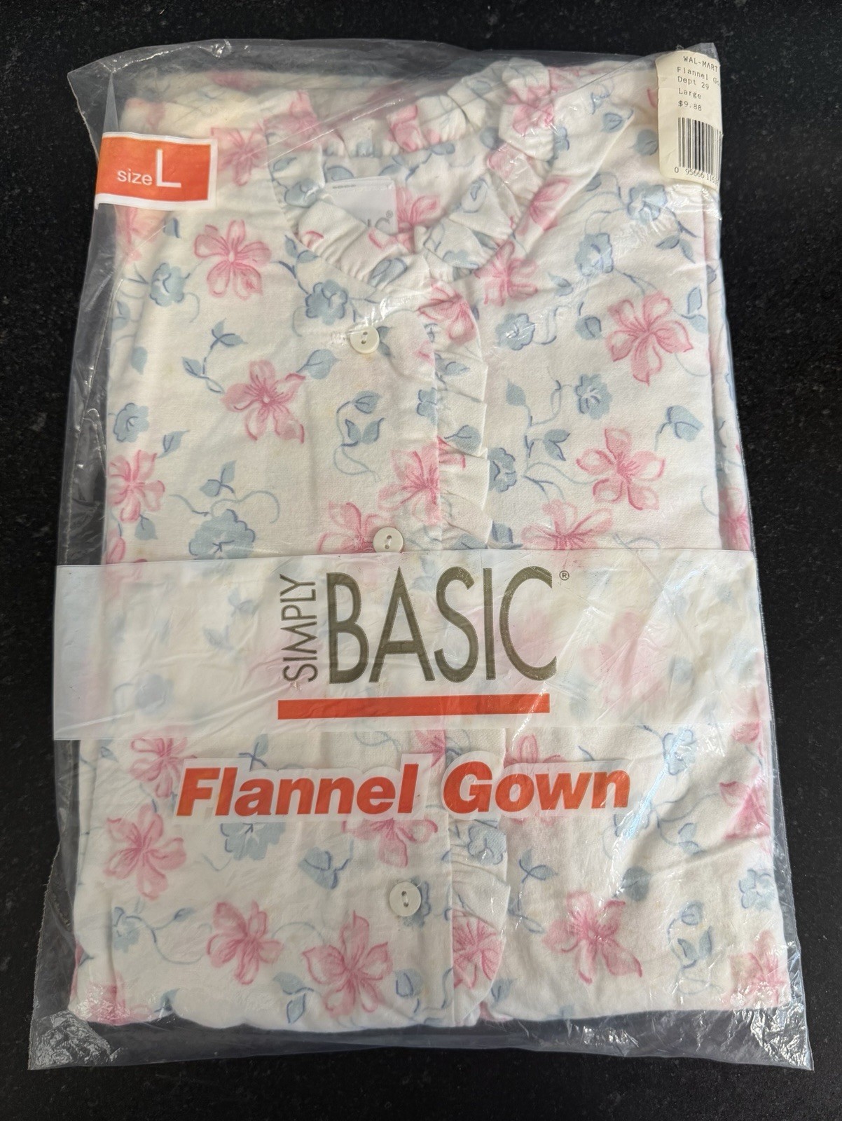 Vtg 90s Cottagecore Flannel Nightgown Floral Pink Blue USA L NOS Simply Basic