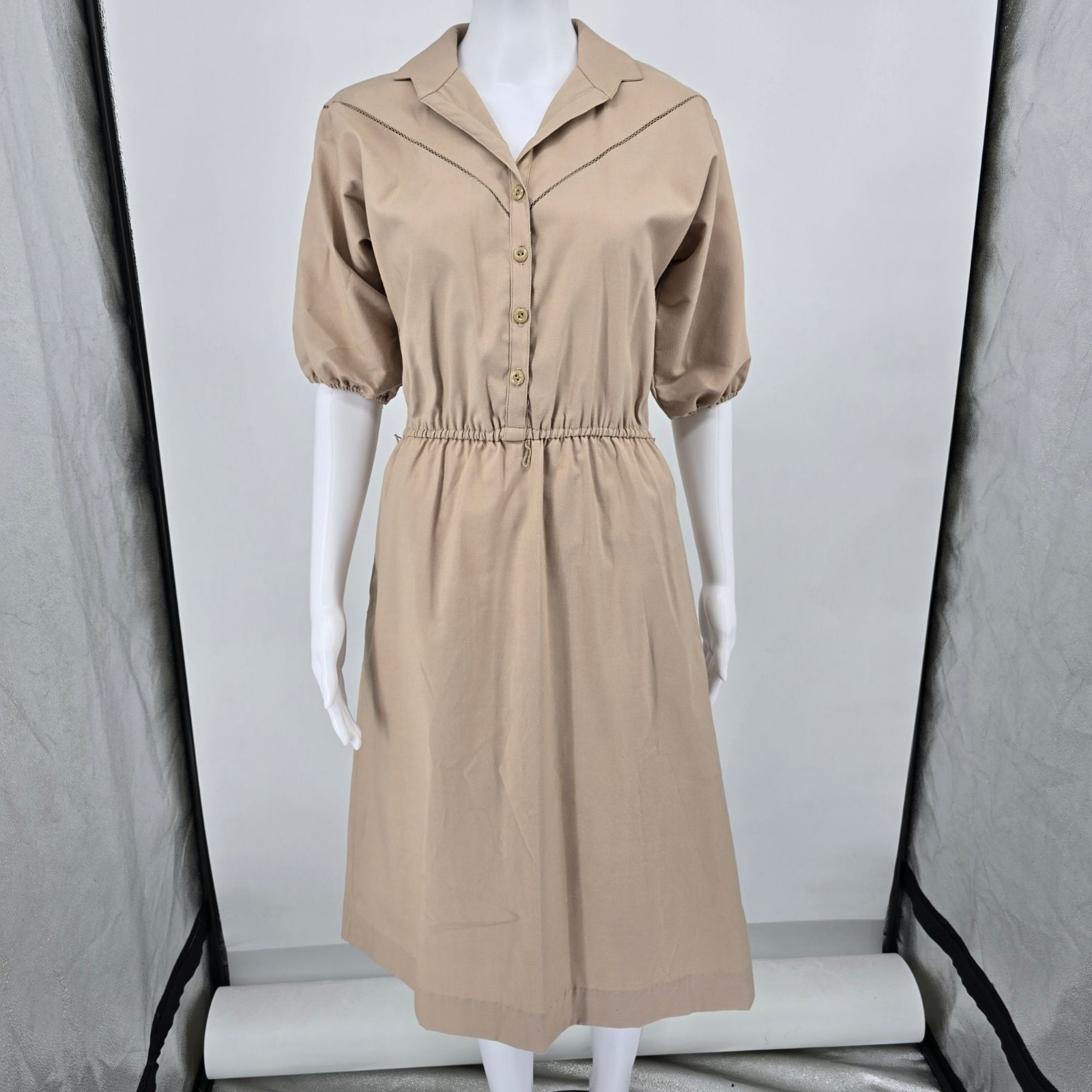 Vintage 1970s Toni Todd Khaki Elastic Waist Union Made Shirtwaist Midi Dress (M)
