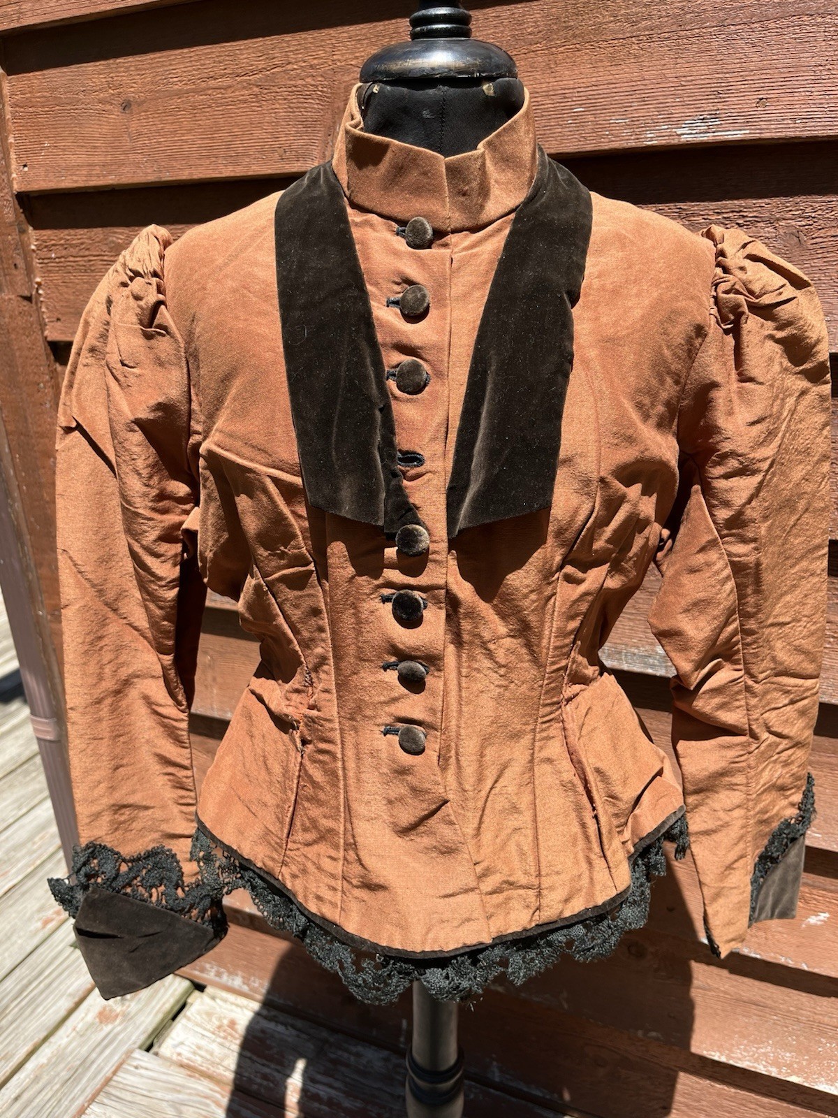 Victorian Brown Ladies Fitted Jacket, Velvet Lapels, Cuffs, Buttons