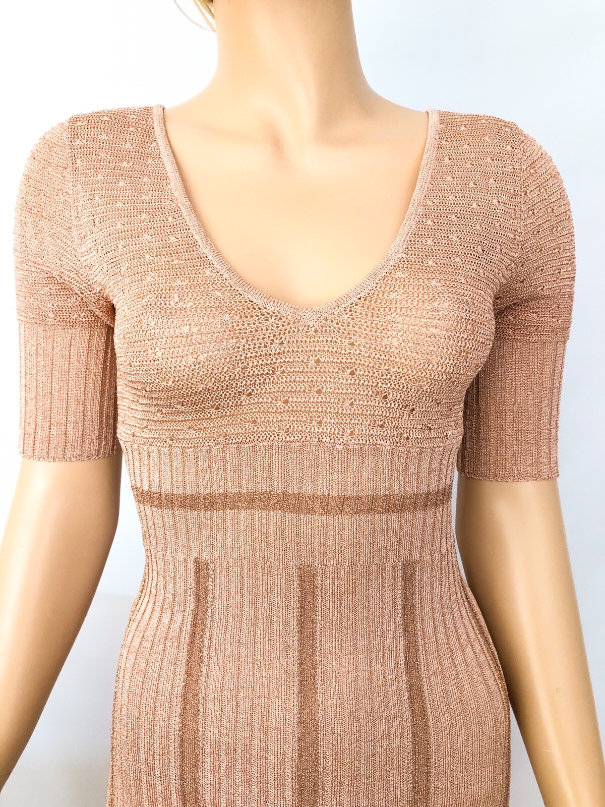 Retro Knit Mini Sweater Dress Rose Gold Copper Crochet 90s Designer Vintage SM