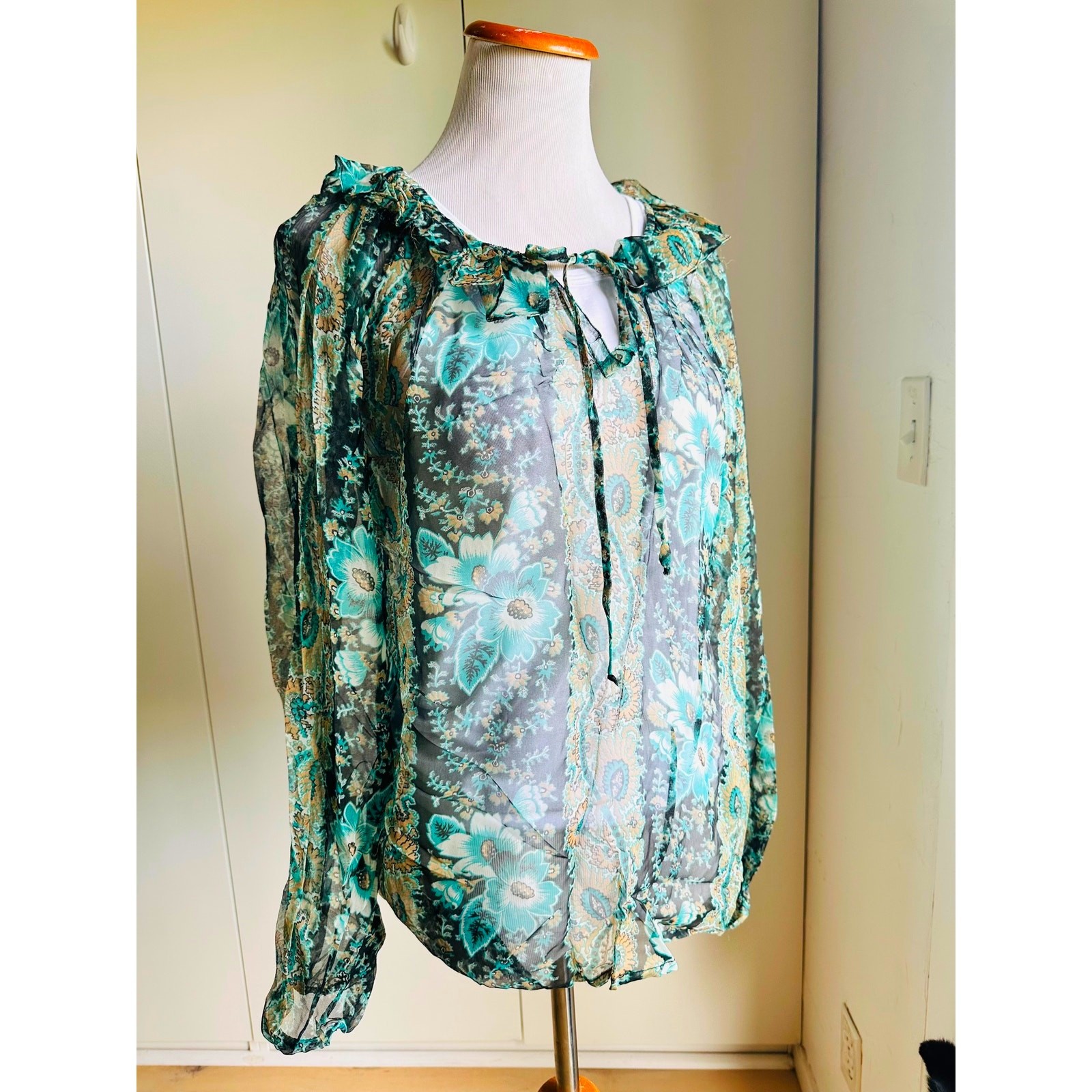 Womens Vintage Sheer Floral Poet Blouse Teal White ruffled Collar Designer