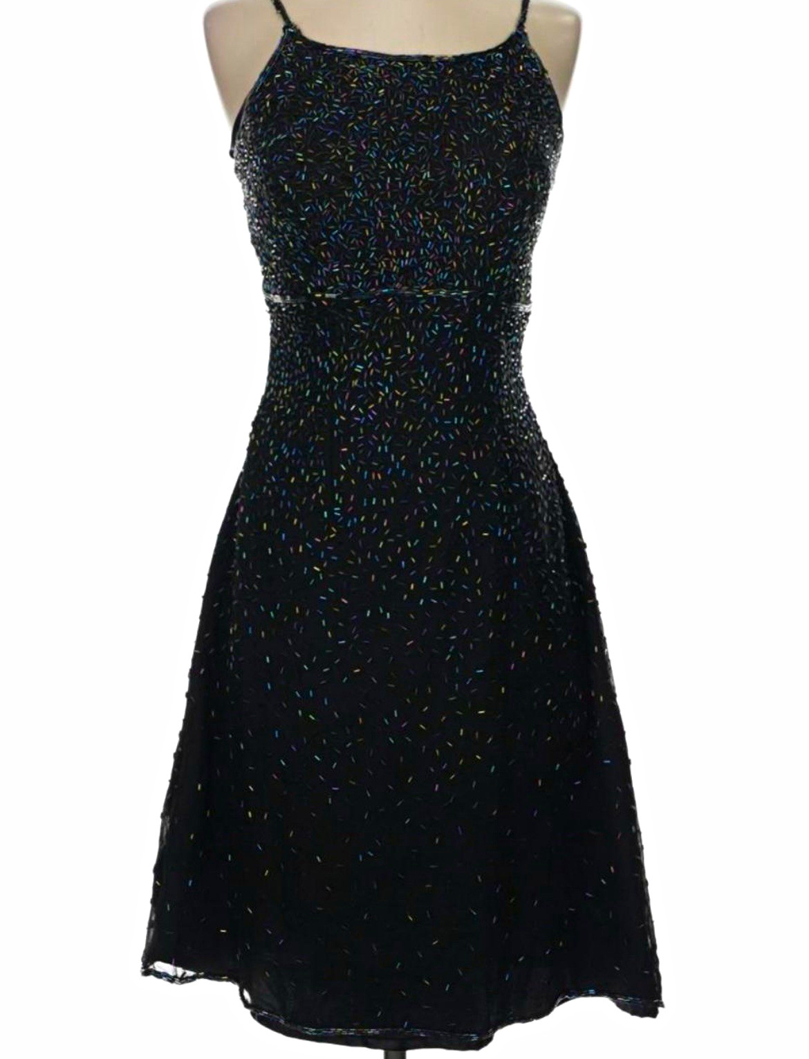 Vintage Scala Black Beaded Spaghetti Strap A-Line Knee Dress Party Size M