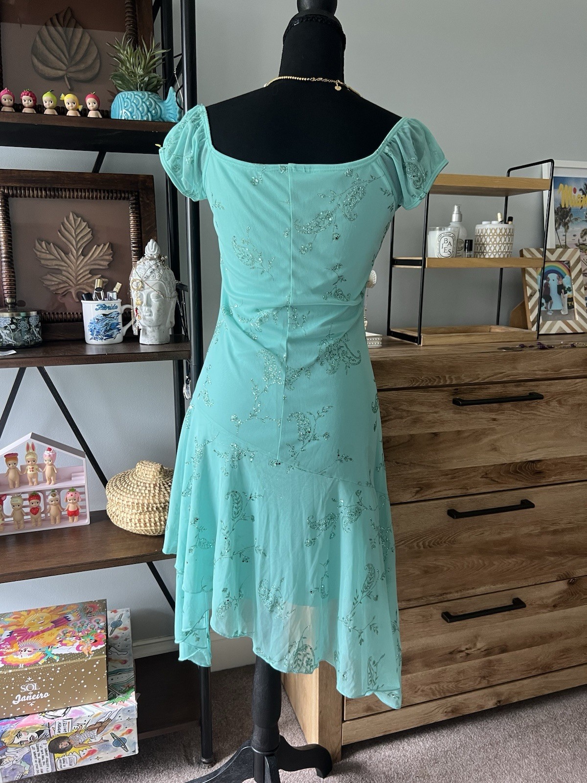 Vintage Y2K “Taboo” Blue Teal Paisley Floral Glitter Asymmetrical Midi Dress