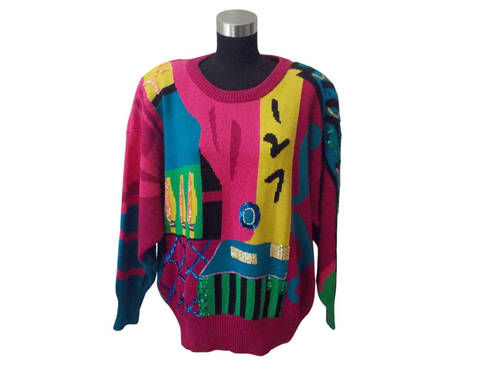 VTG CEDARS Woman Multi Color Geometric Pattern Sequined Sweater HONG KONG Sz 2X