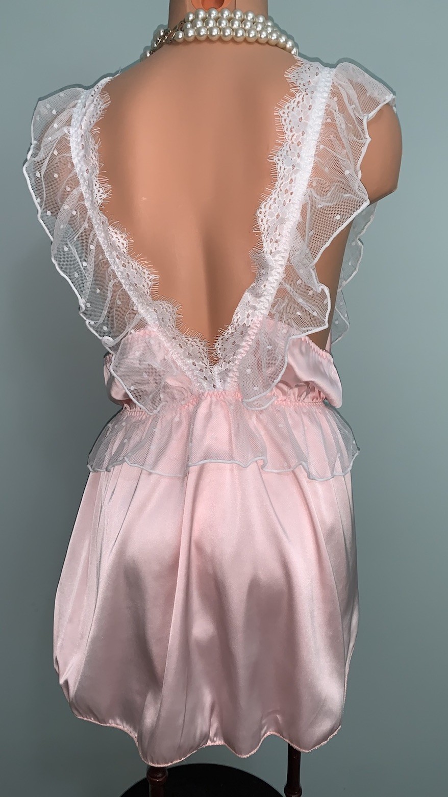 NEW GloSSy Satin Romper Bodysuit Teddy 2X Frilly SOFT Pink Polkadot Fairycore