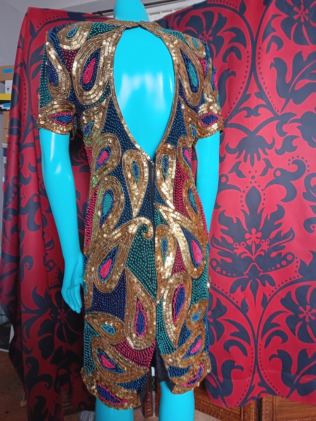 Vintage Sweelo Dress Sm Beaded All Over Gold Multi Color 100% Silk Y2k Glam Boho