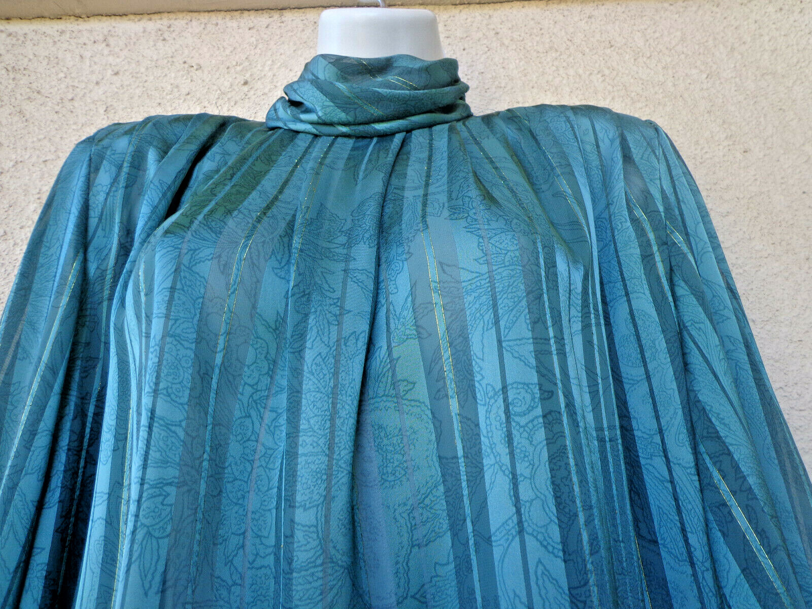 Vintage 80s Green Satin Russian Cossack Style Blouse High Collar Gold Stripes M