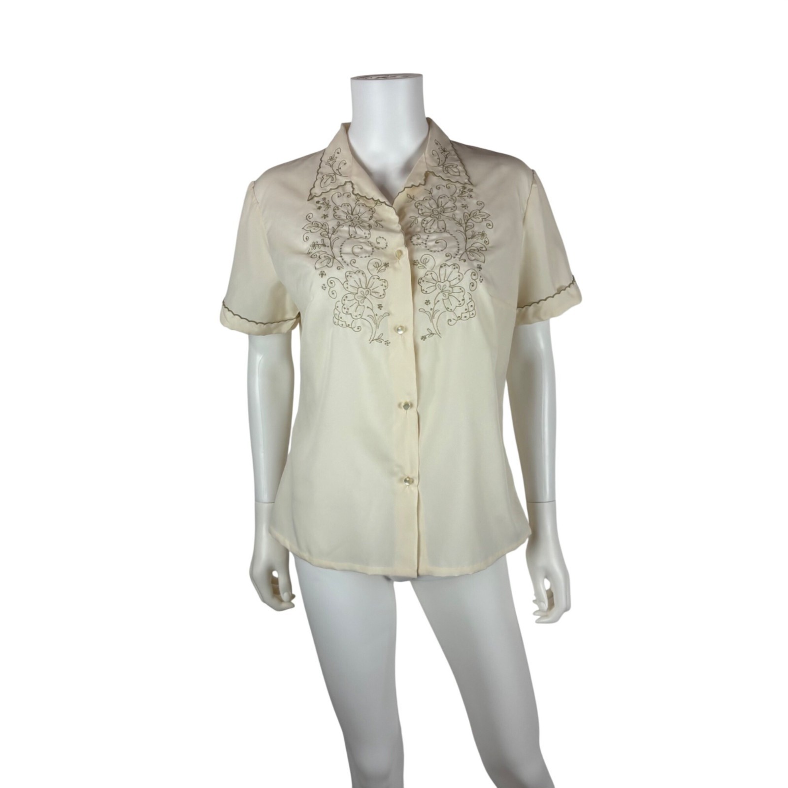 Vintage 60s Embroidered Blouse Womens L Cream Faux Silk Floral Scalloped Edge