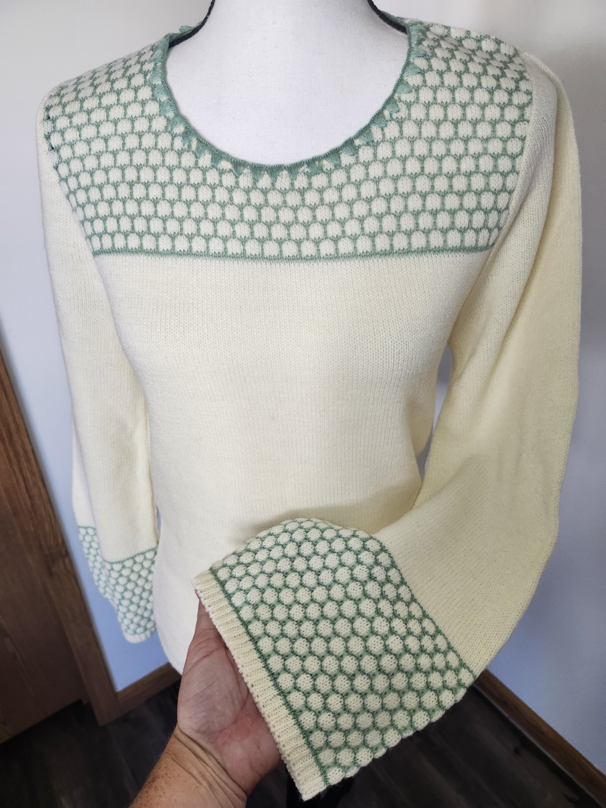 Vintage Sears JR Bazaar Cream And Green Knit Sweater
