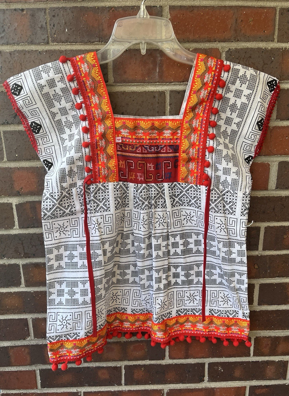 Vintage Embellished Mexicali Colorful Pompom Shirt Geometric Aztec