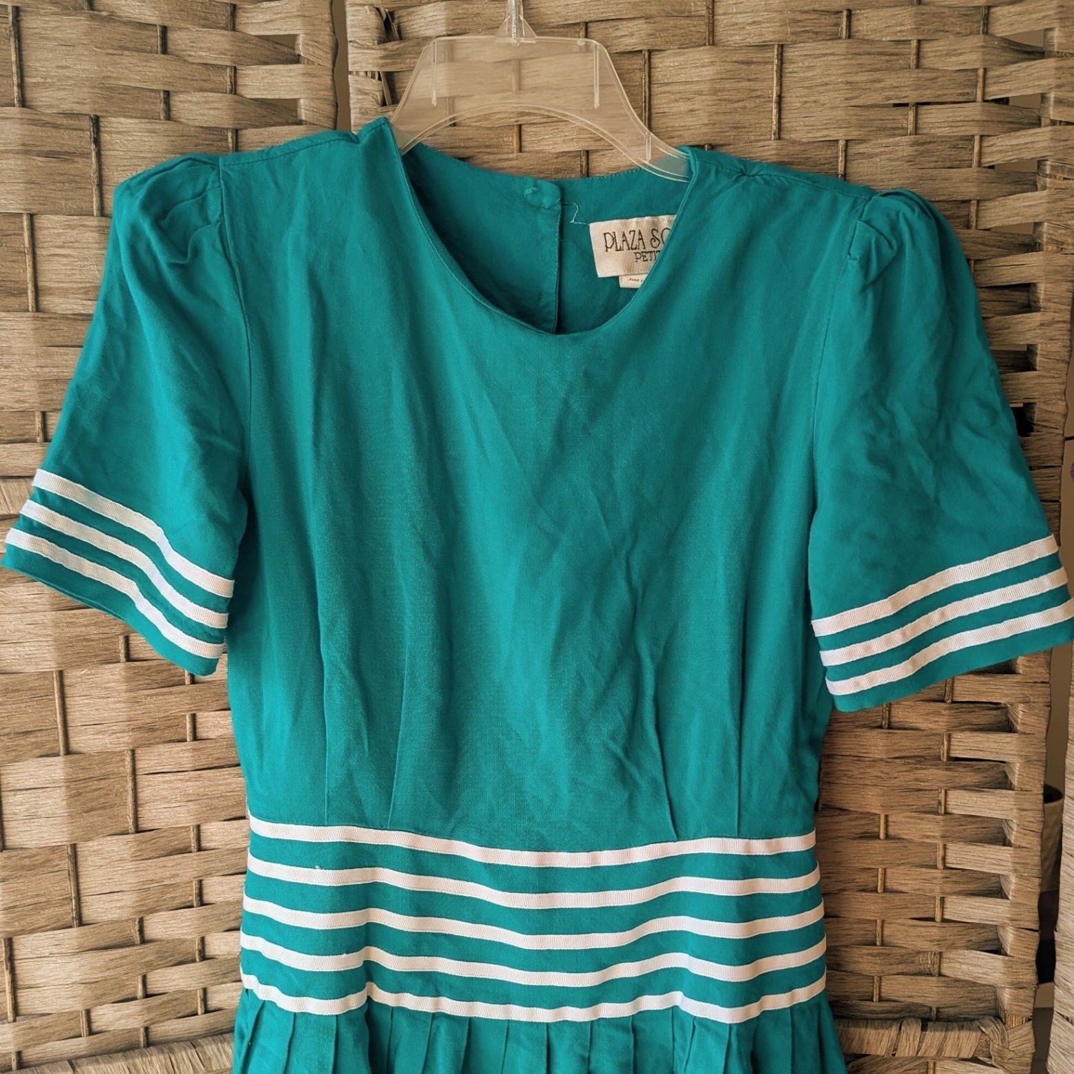 Vtg 80s Teal Striped Nautical Midi Fit & Flare Dress Pleated Short Sleeve Sz 4