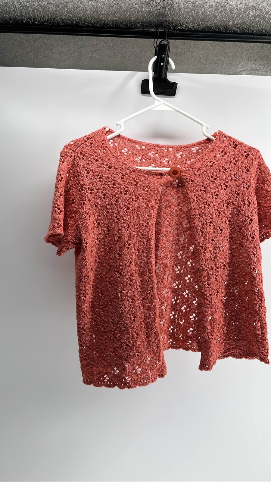 Crochet Knit Cardigan Women’s Coral Short Sleeve Open Front Button Top S