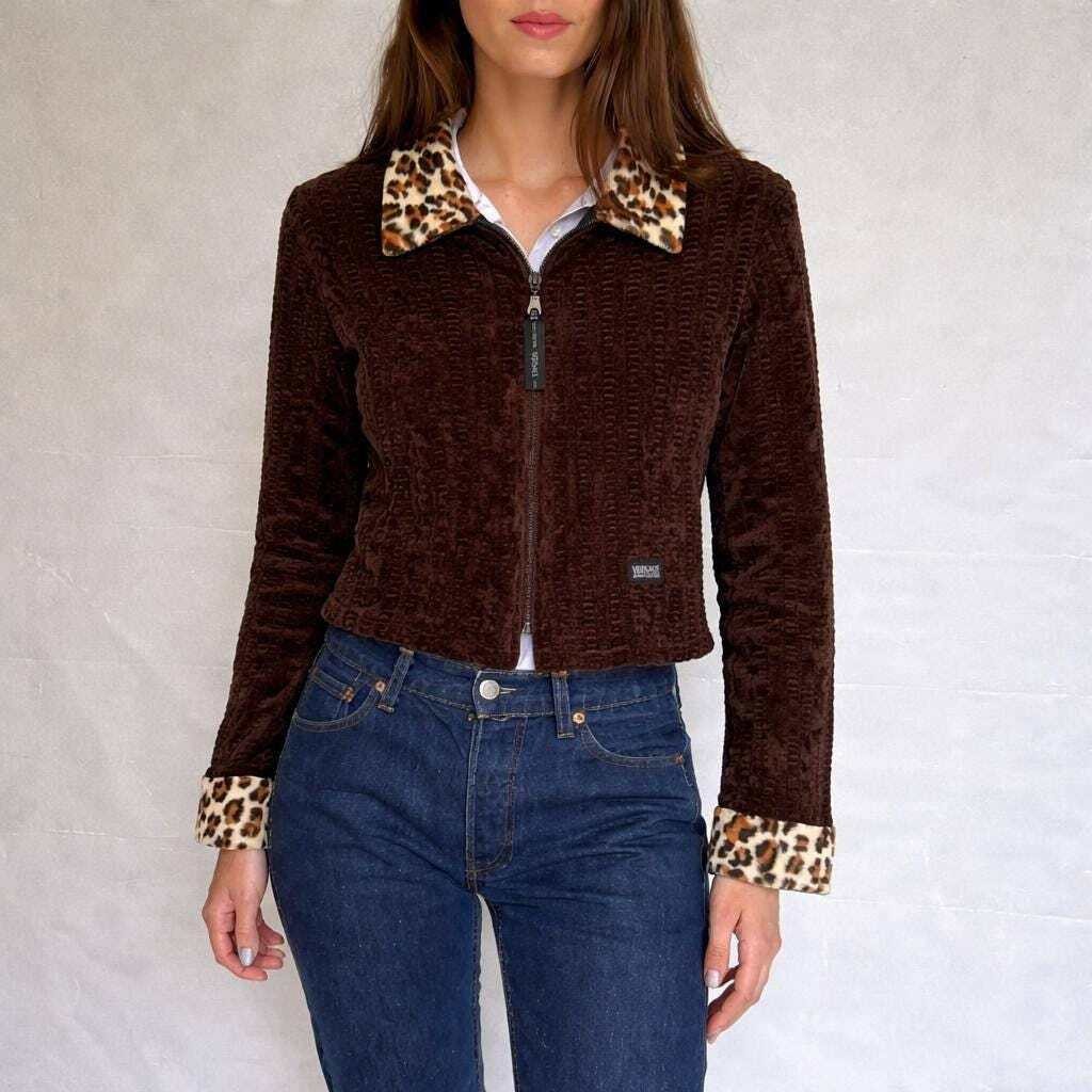 Vintage 90s Versace Jeans Couture brown zip up jacket with leopard print collar,