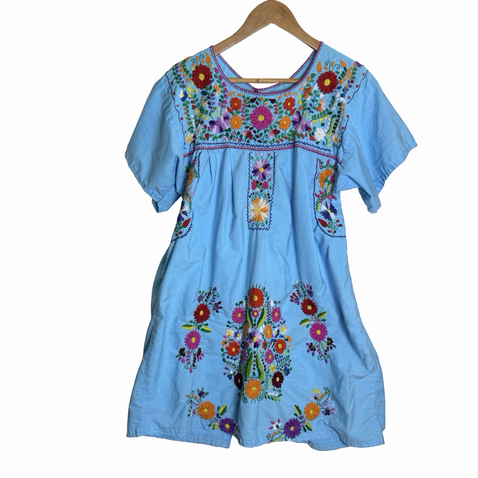 Vintage Embroidered Huipil Dress Womens M Cobalt Blue Floral Mexican Open Back