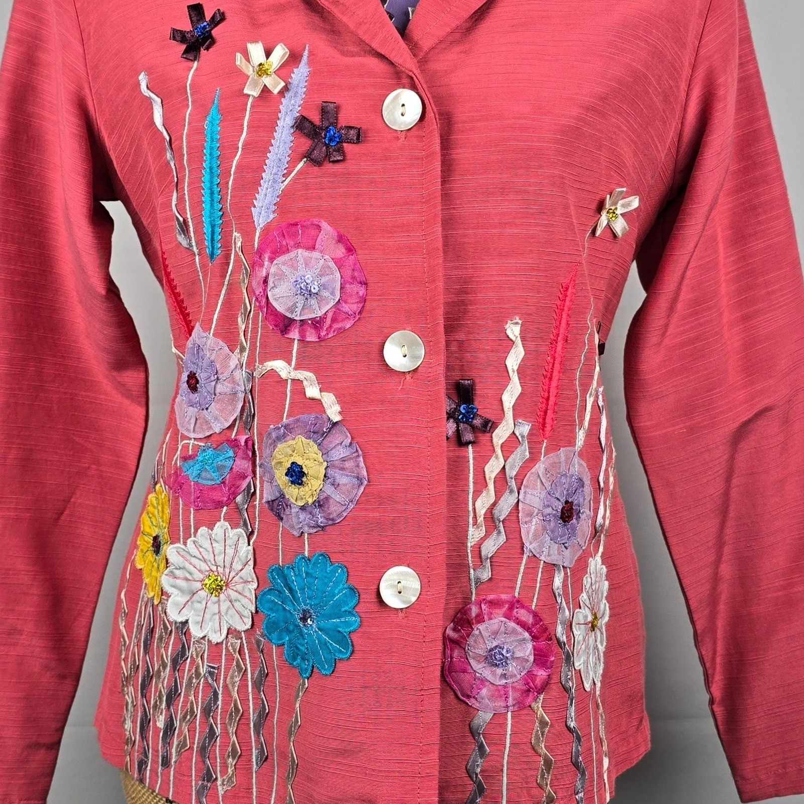 Indigo Moon Womens 2 Piece Set Jacket & T-Shirt Floral Embroidered Pink Purple S