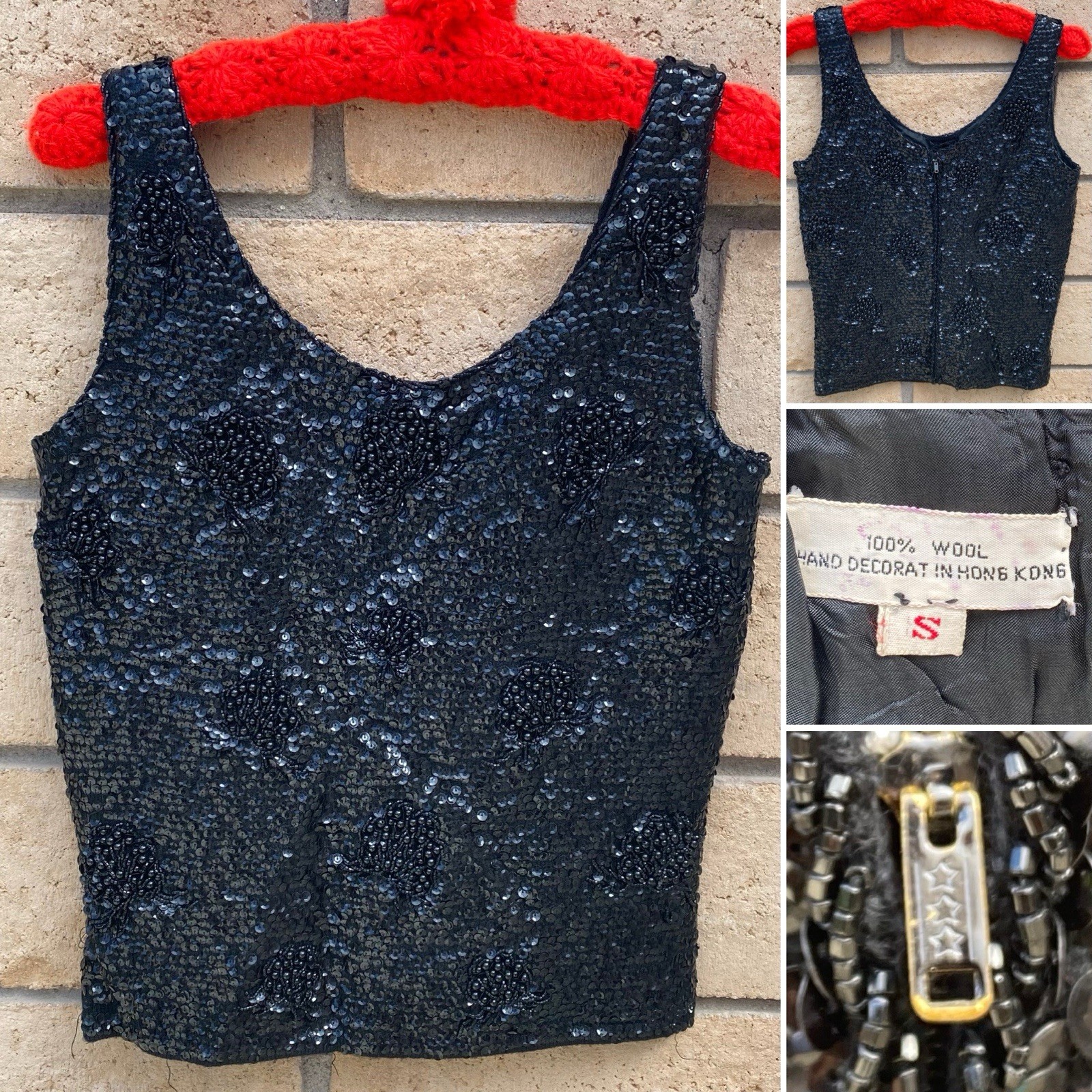 Black Sequin Beaded Wool Top Hong Kong Metal Zip Pinup Glam Tank S 50s 60s Vtg