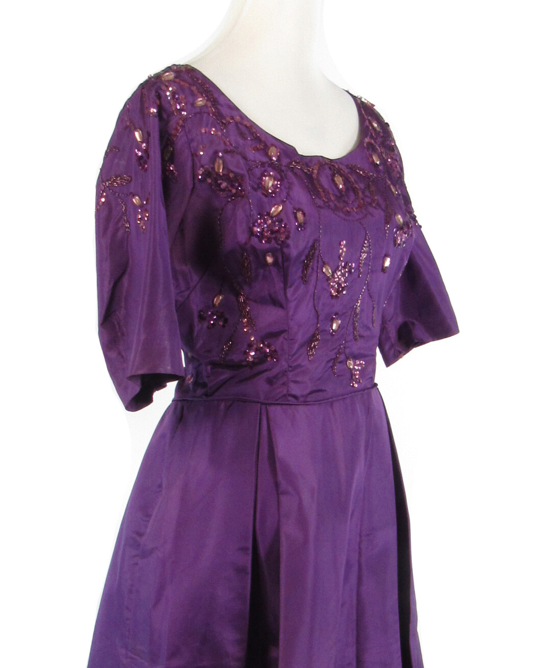 Purple silk 1/2 sleeve sequin trim beaded ball gown vintage dress S