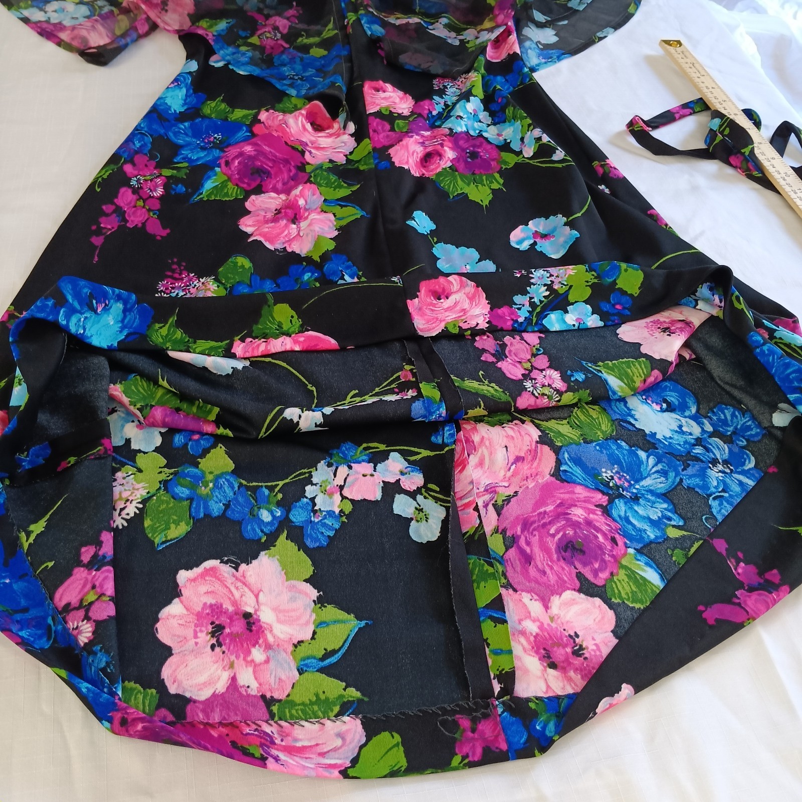 Vintage Floral Cape Sleeve Secretary Dress Black Pink Blue Chiffon Belted Sheer
