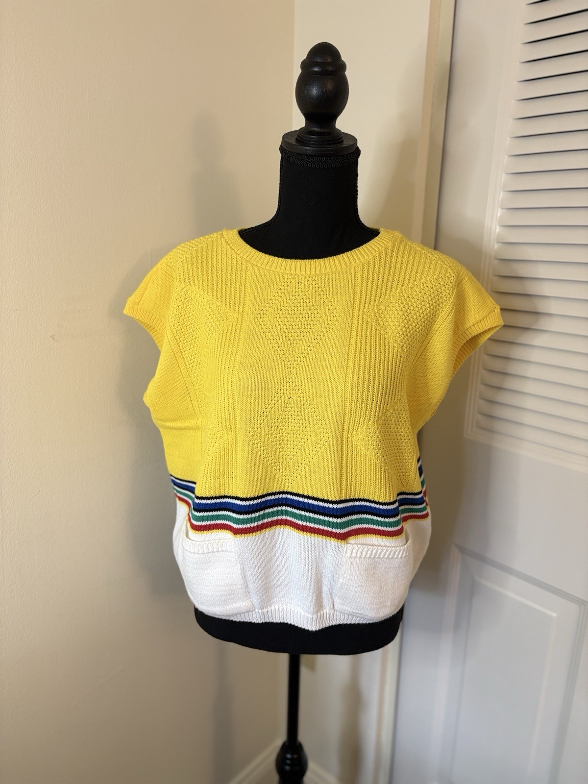 VTG 70s 80s Beldoch Popper Sweater Yellow Rainbow Stripe Knit Pockets