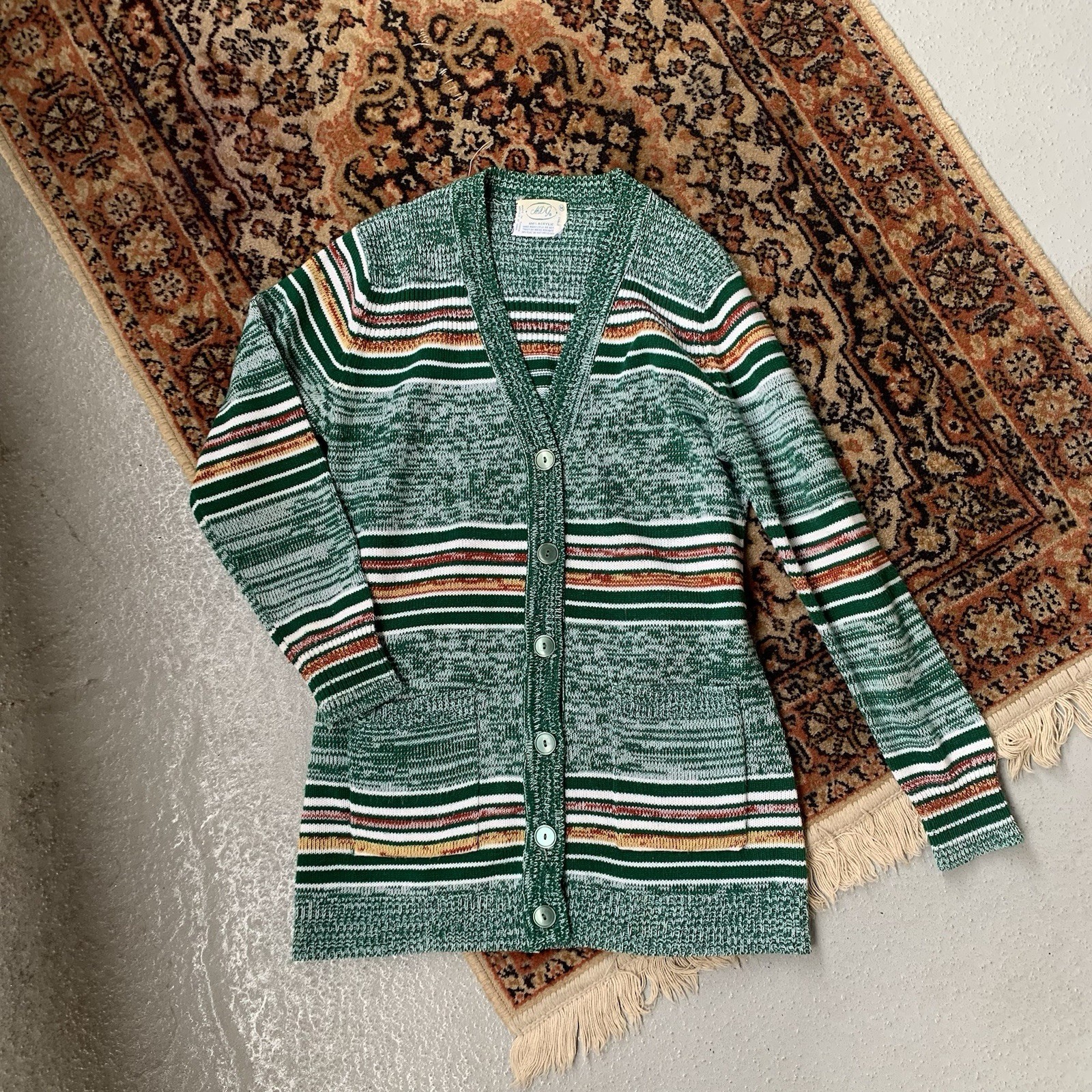 70’s Green Heathered Button Up Cardigan with Waist Tie Size Small