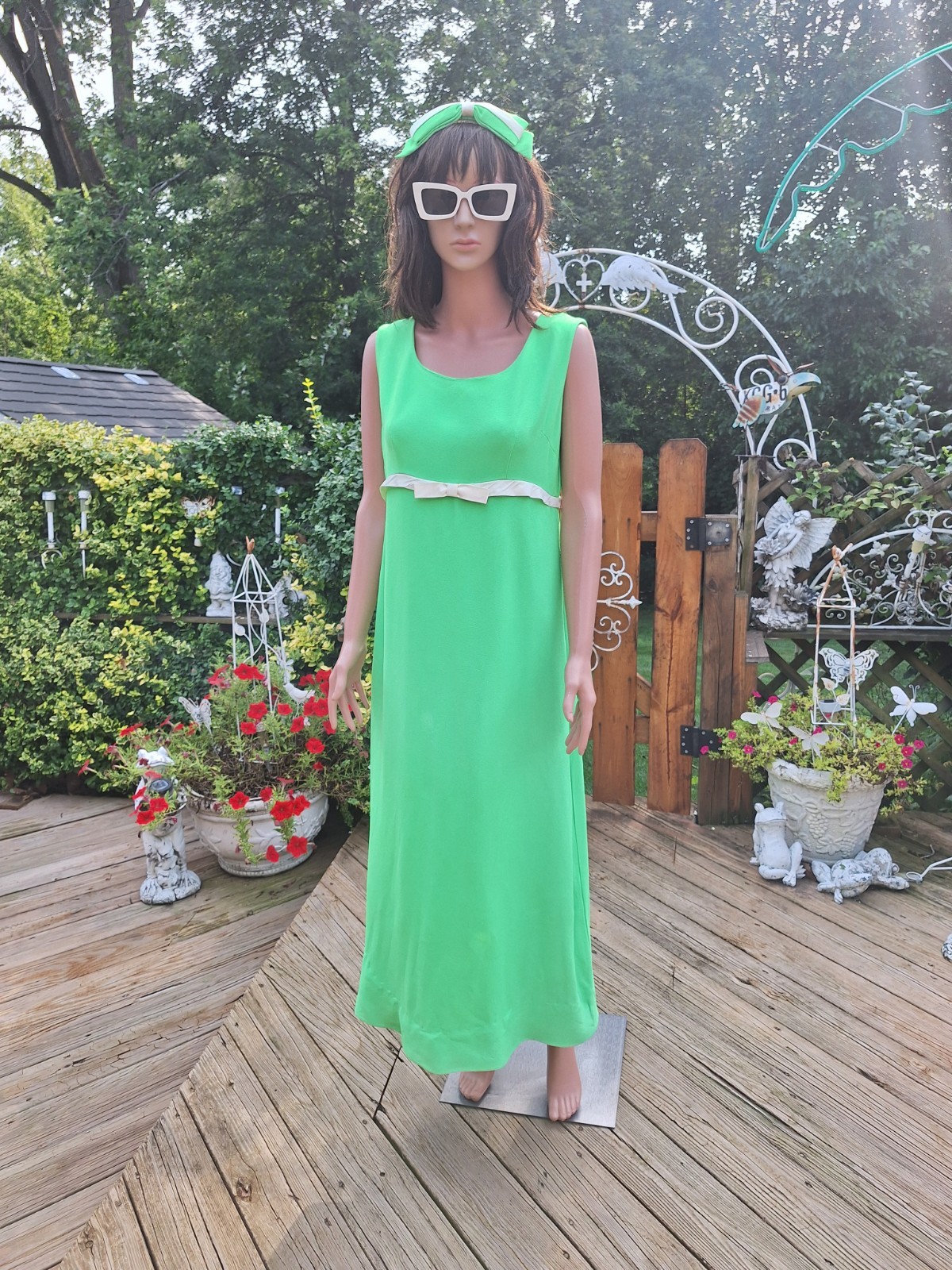 True VTG Mid-century Mod 1960s Crepe Empire Waist Bridesmaid Maxi Dress M/L Bow