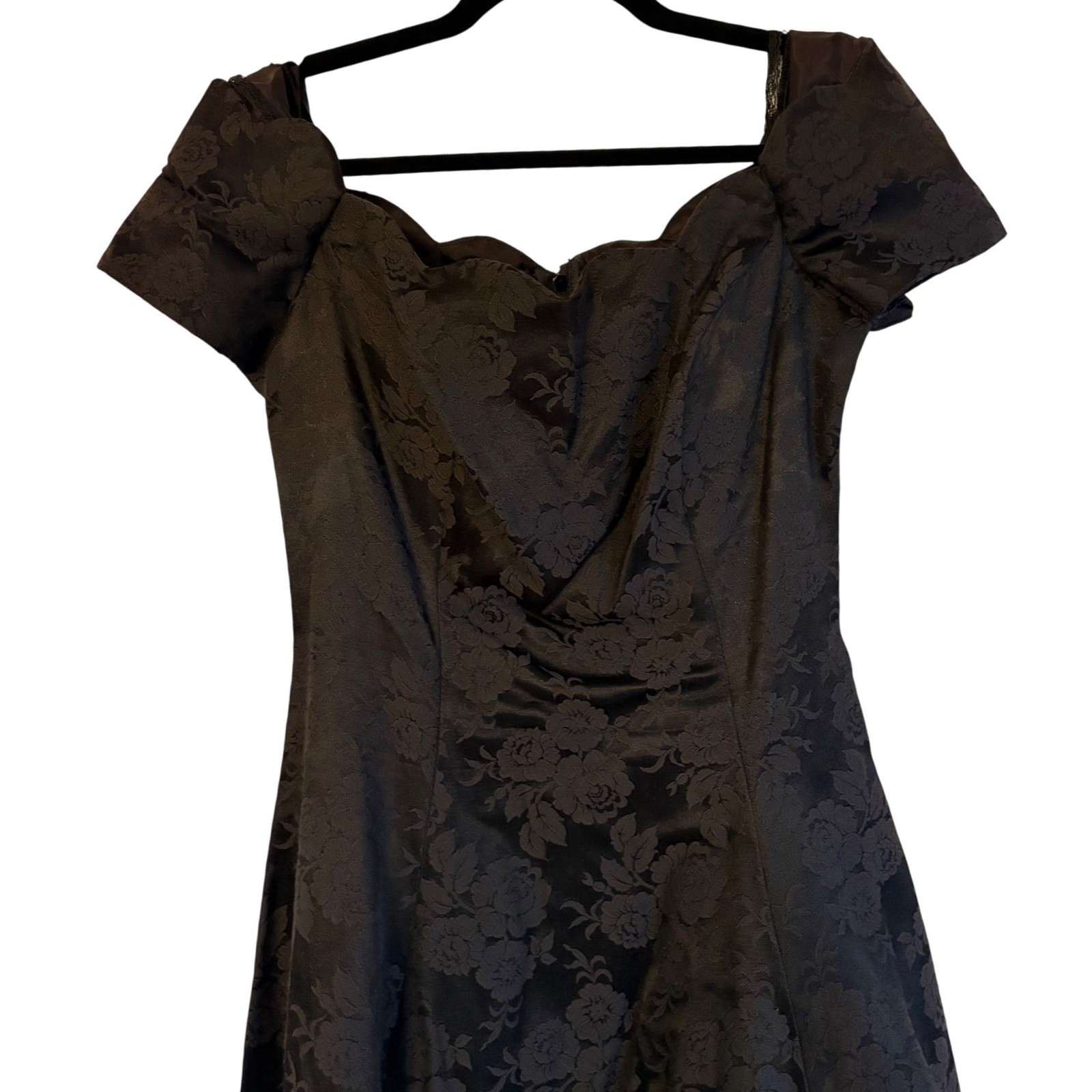 1980s Cheryl Kaye Vintage Black Floral Damask Off Shoulder Skater Dress USA 10