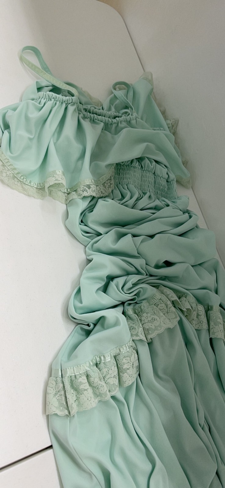 VTG Vicky Vaughn maxi baby doll dress sz S/M – mint green lace ruffle prairie