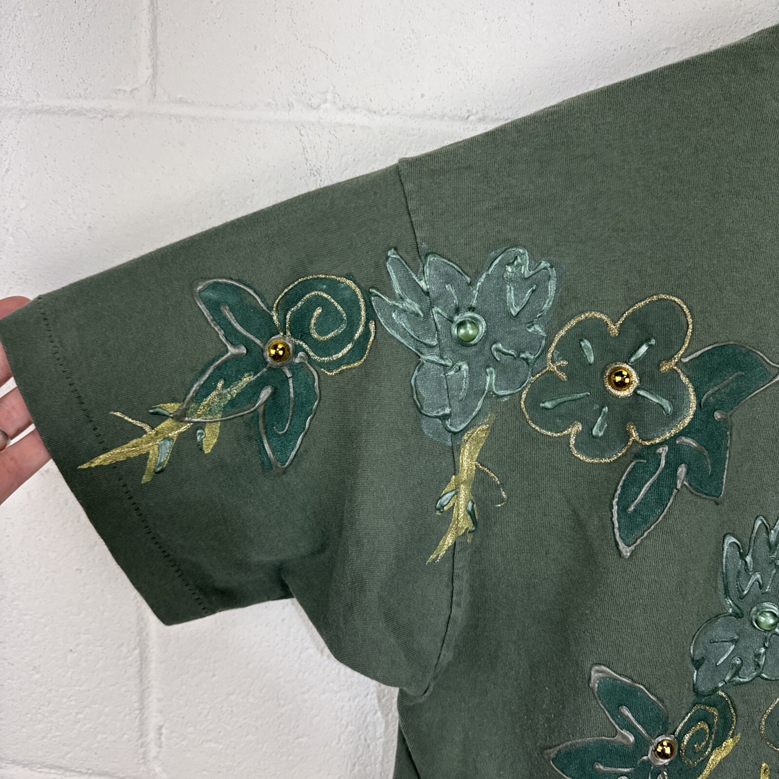 Vintage Indian Ink Women’s Floral T Shirt Floral Puff Paint OSFA XL/XXL Green