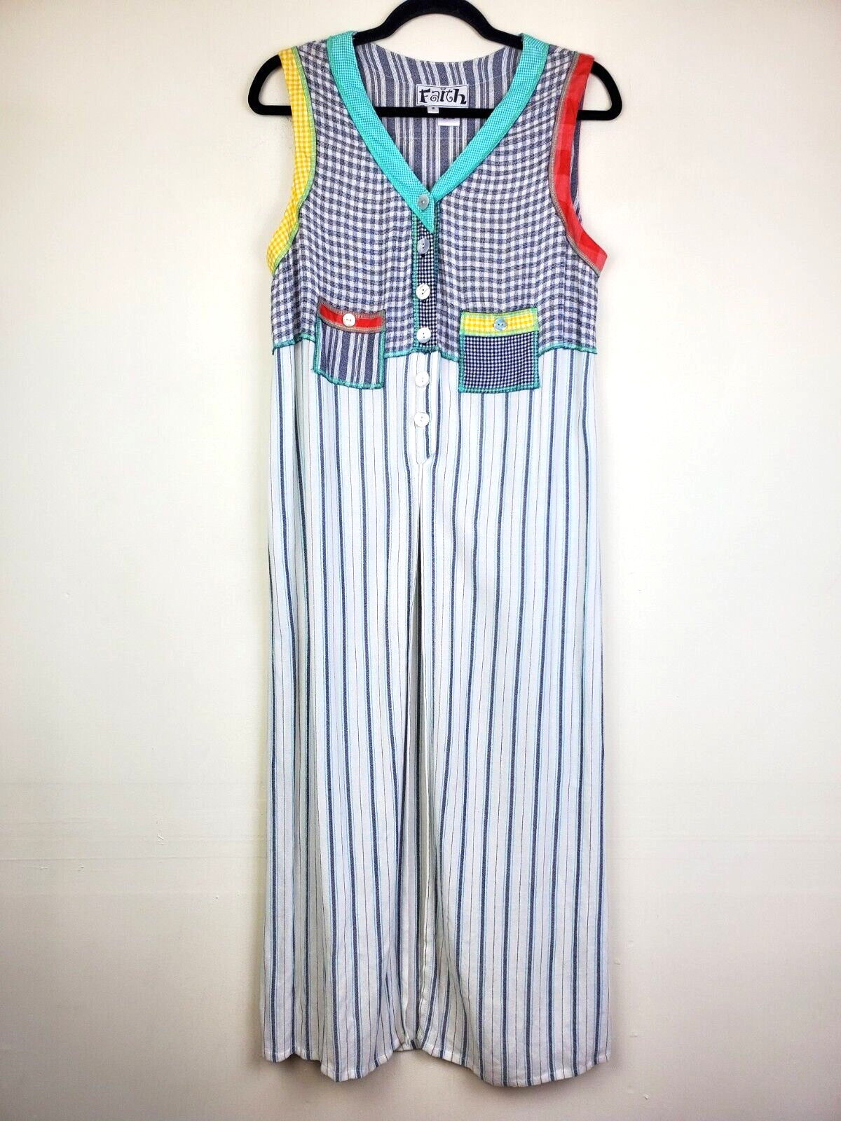 Faith Vintage 90s Dress Womens Small Maxi Grunge Side Slits Pockets Back Patch