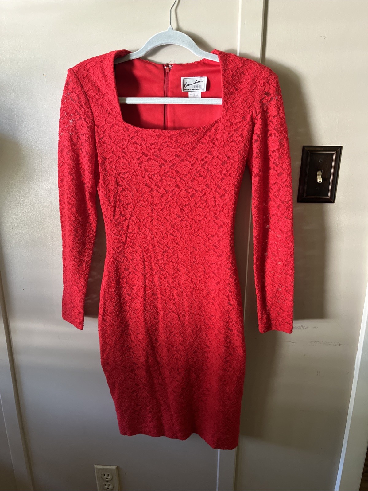 Vintage Karen Lucas Dress Size Small Skin Tight Red Lacy Long Sleeve Sexy