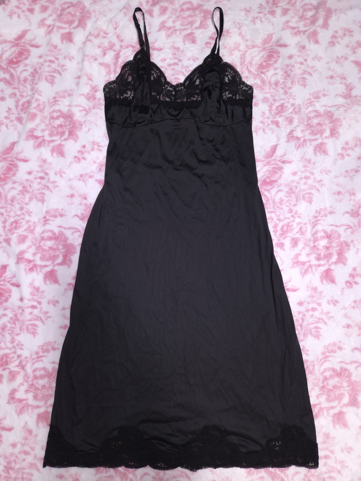 Vintage 70s Black Wonder Maid Lace Full Slip Size 32 Tall Style 2996