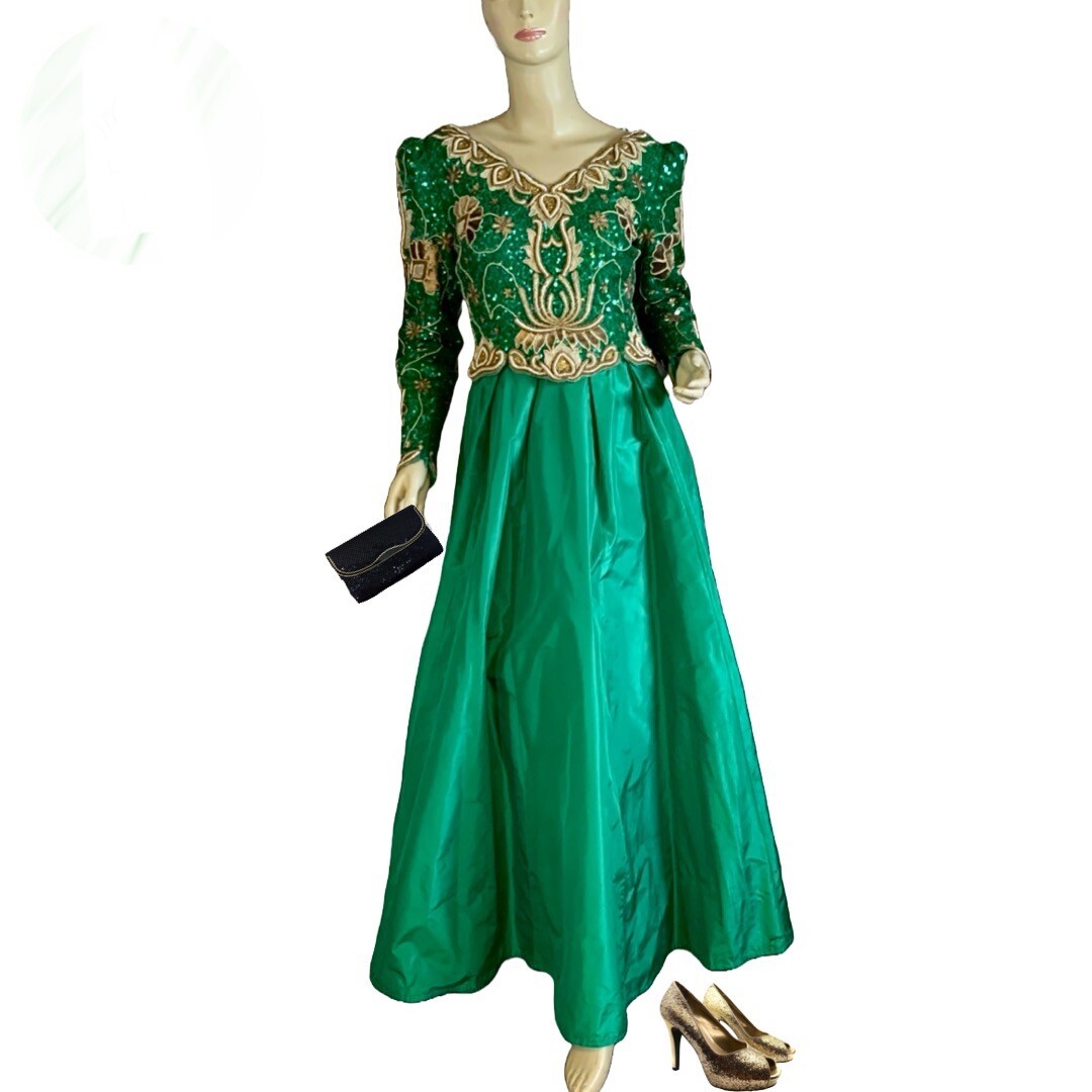 WOMEN’S VINTAGE 1980’S RICHILENE EMERALD GREEN & GOLD BEADED FORMAL DRESS SZ S
