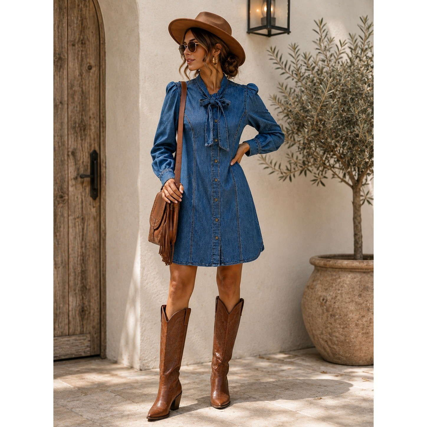 Scoop Denim Chambray Bow Tie Neck Button Front Shirt Dress Blue M 8-10