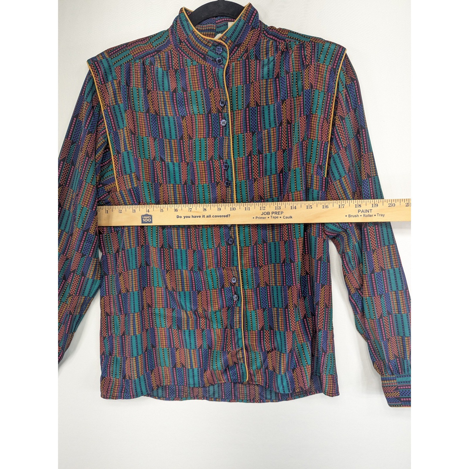 Vintage Jaymee Papell Geometric Print Blouse Mandarin Collar Button Up Size 6