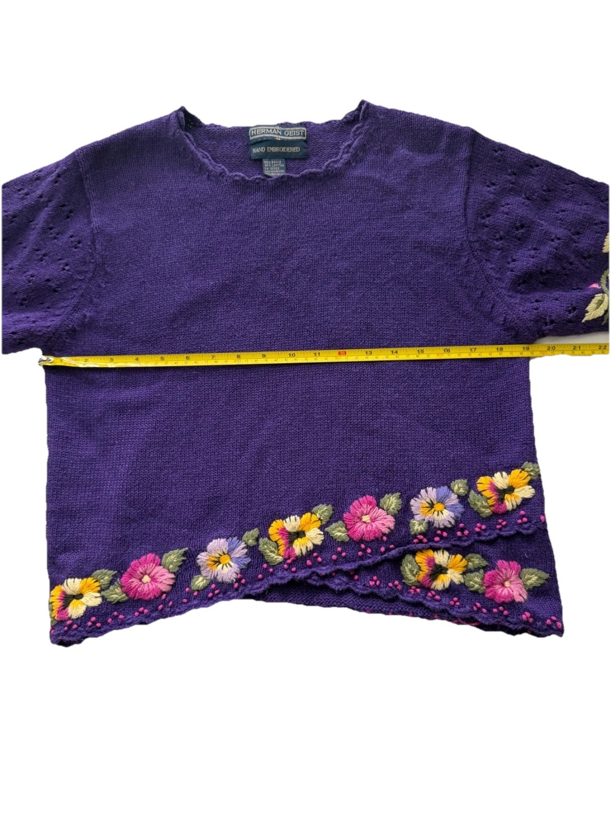 Vintage 90s Hand Embroidered Medium Purple Floral Top Boho Artisan CottageCore