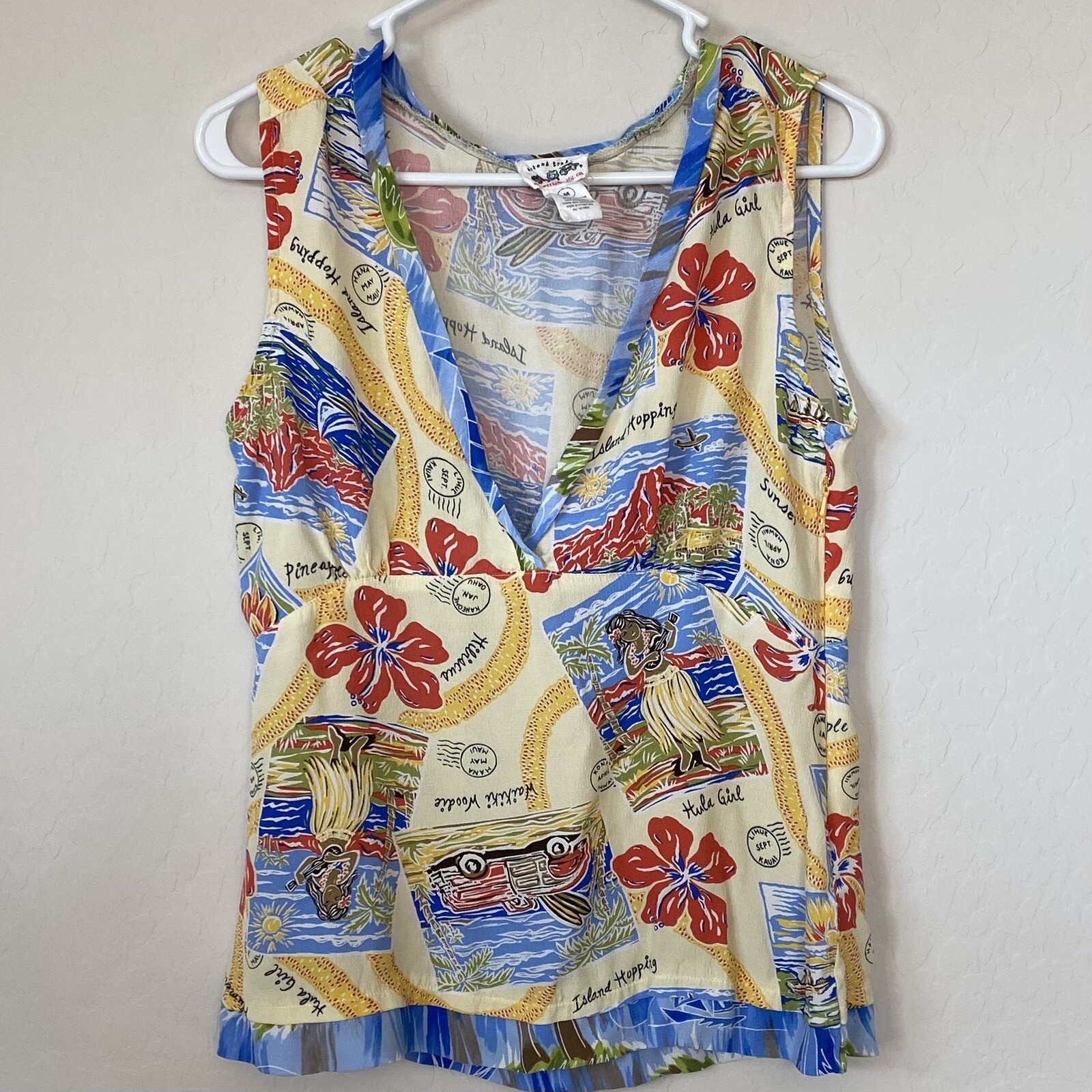 Vtg Weekend Traffic Sleeveless Top Beach Island Hula Girl Floral Stretch Sz M