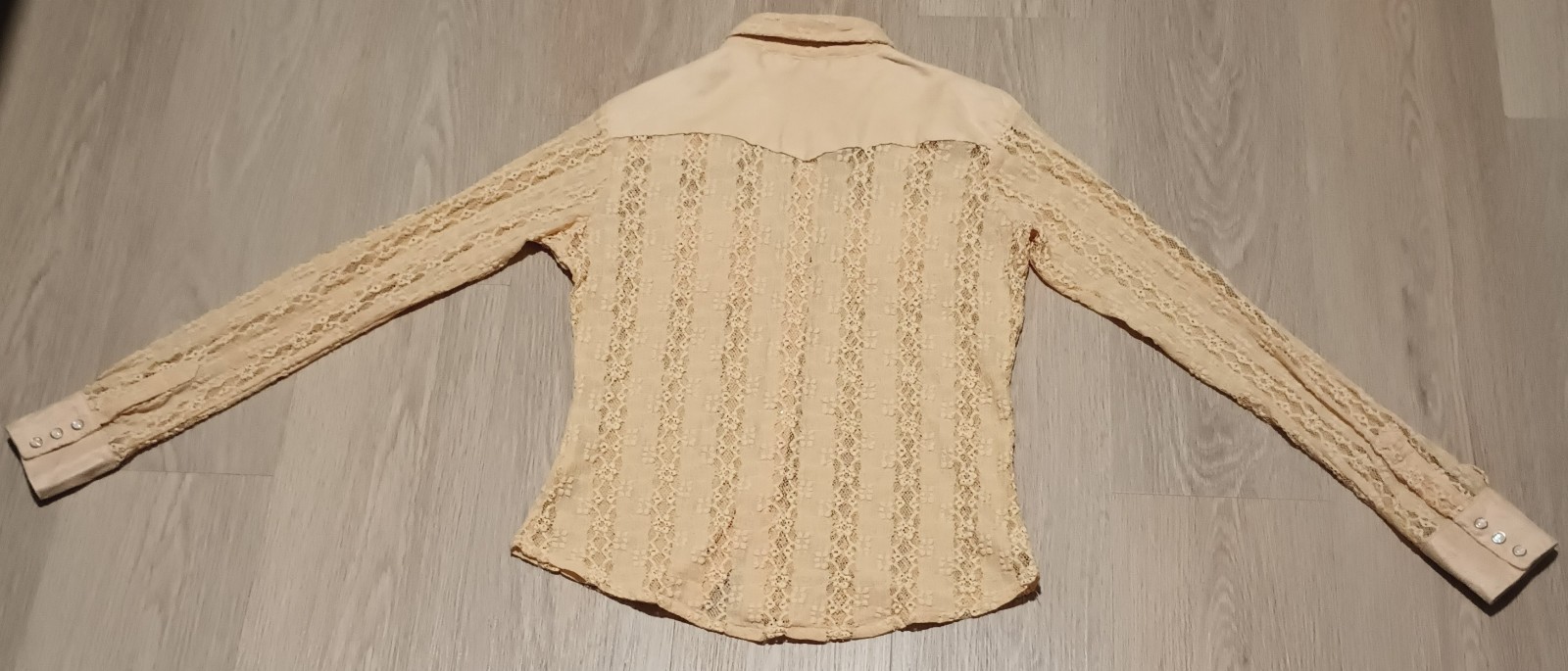 Vtg 90s AVRA Wrangler Sheer Lace Mother of Pearl Snap Button Western Shirt Top S