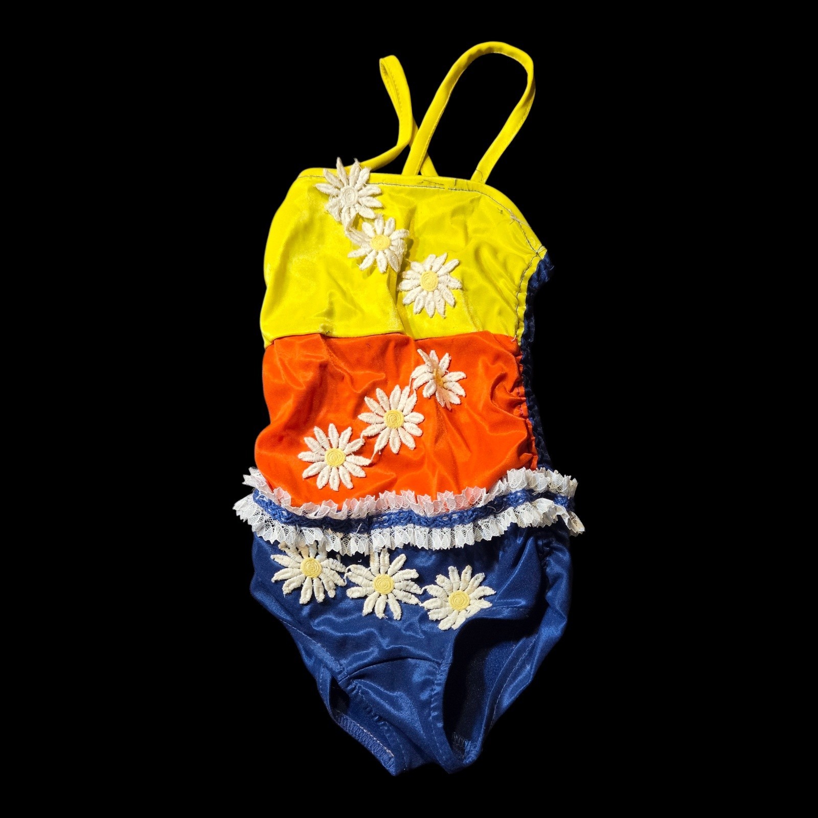 Vintage 1960s Girls Swimsuit Flower Power Daisy Applique Mod Retro One Piece