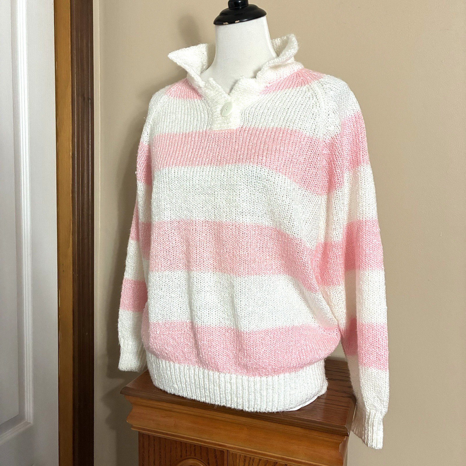 Liz Thomas Vintage Knit Sweater Sz 42/22W Pink White Chunky Stripes Collared