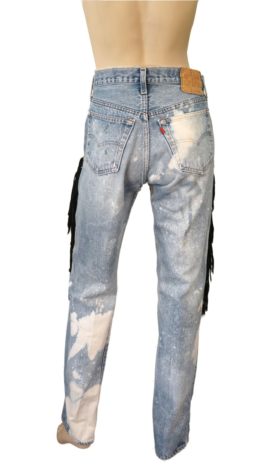 VINTAGE 80s Reworked Levi’s Jacket Sml Jeans Med Leather Fringe Mexican Blanket