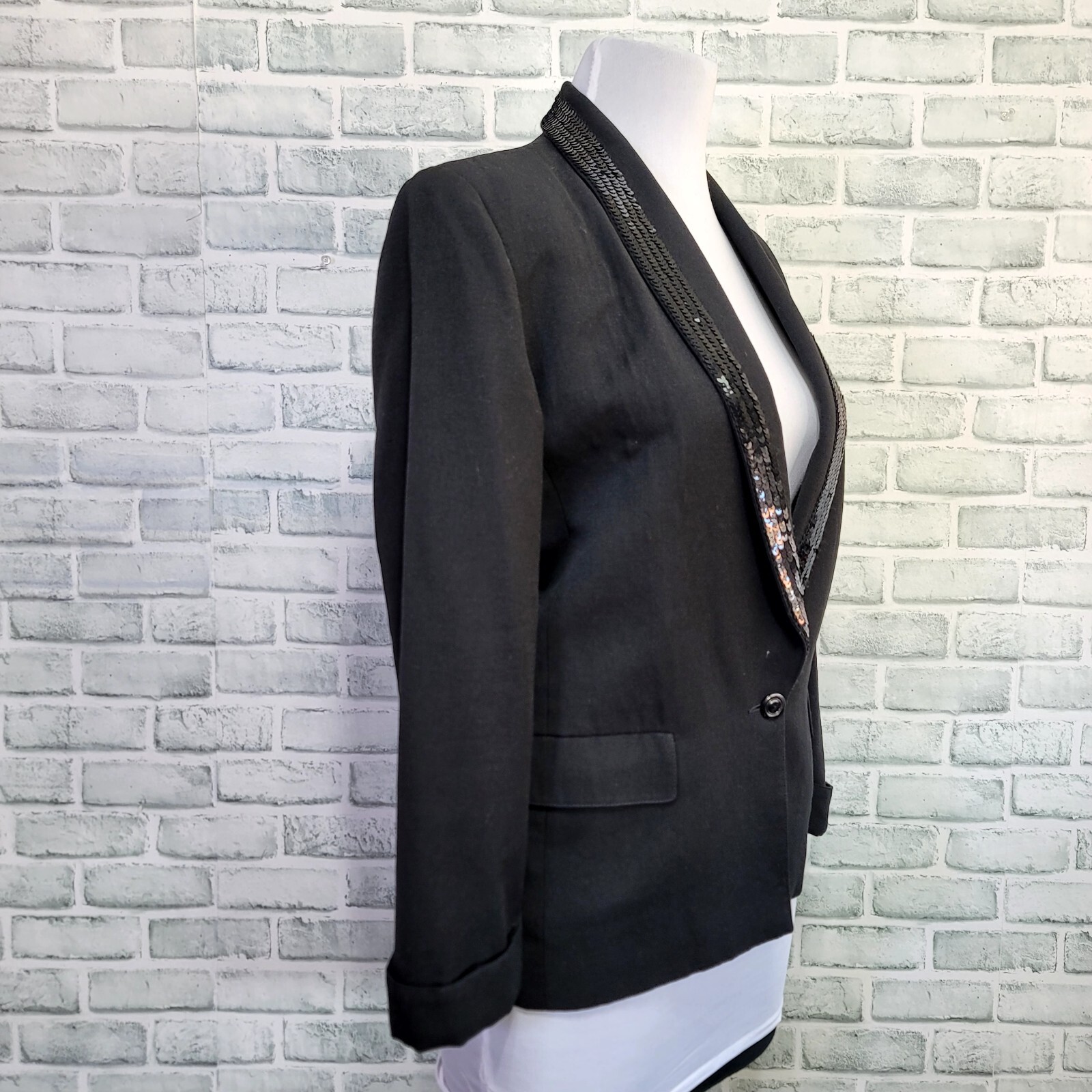 Vintage 70s Ted Lapidus Diffusion Womens 42 Black Sequin Collar Blazer 1 Button