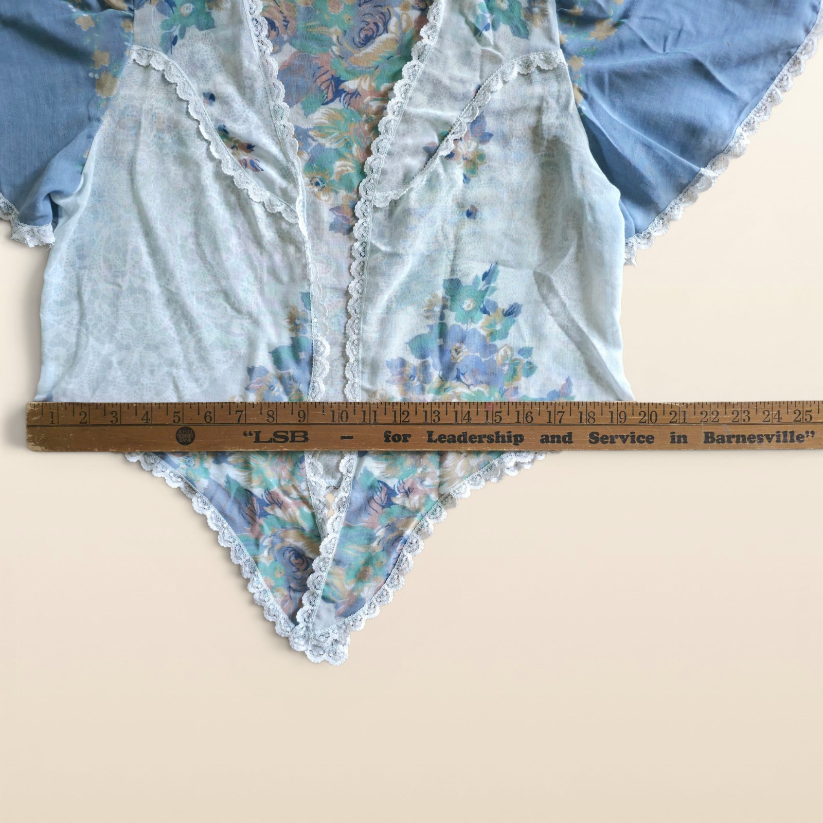 Vintage 70s Lace Tie Front Floral Lingerie Top Cal Togs Blue & White Sheer
